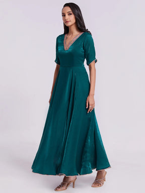 Marvelous Teal Blue Lace Work Organza Gown