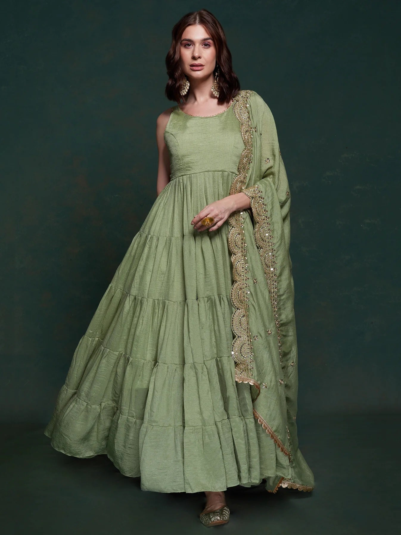 Awesome Sea Green Georgette Event Wear Gown with Heavy Dupatta