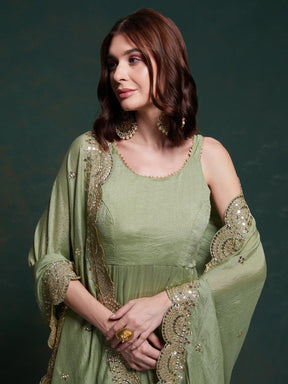 Awesome Sea Green Georgette Event Wear Gown with Heavy Dupatta