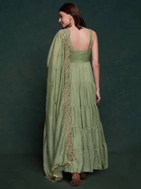 Awesome Sea Green Georgette Event Wear Gown with Heavy Dupatta