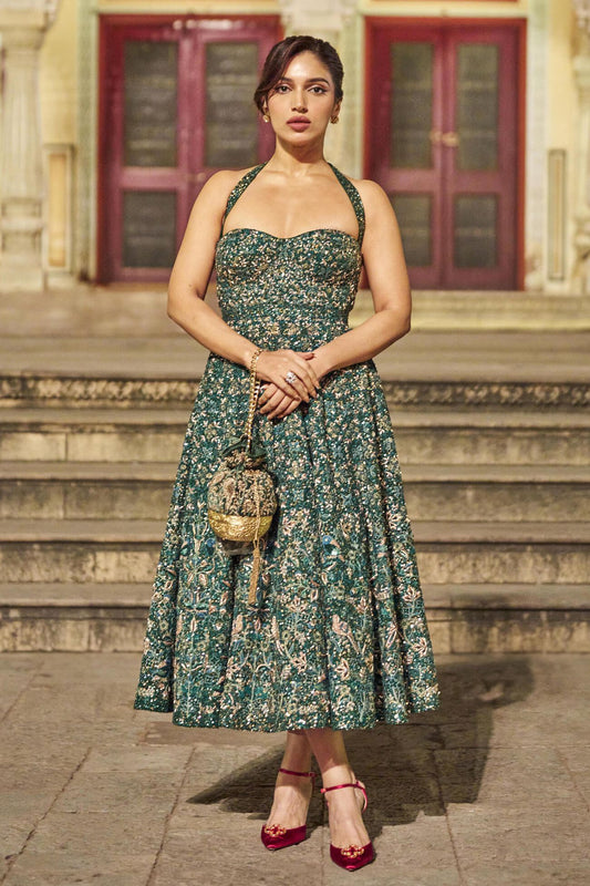 Bhumi Pednekar in Lush Green Forest Zardozi Embroidered Silk Dress