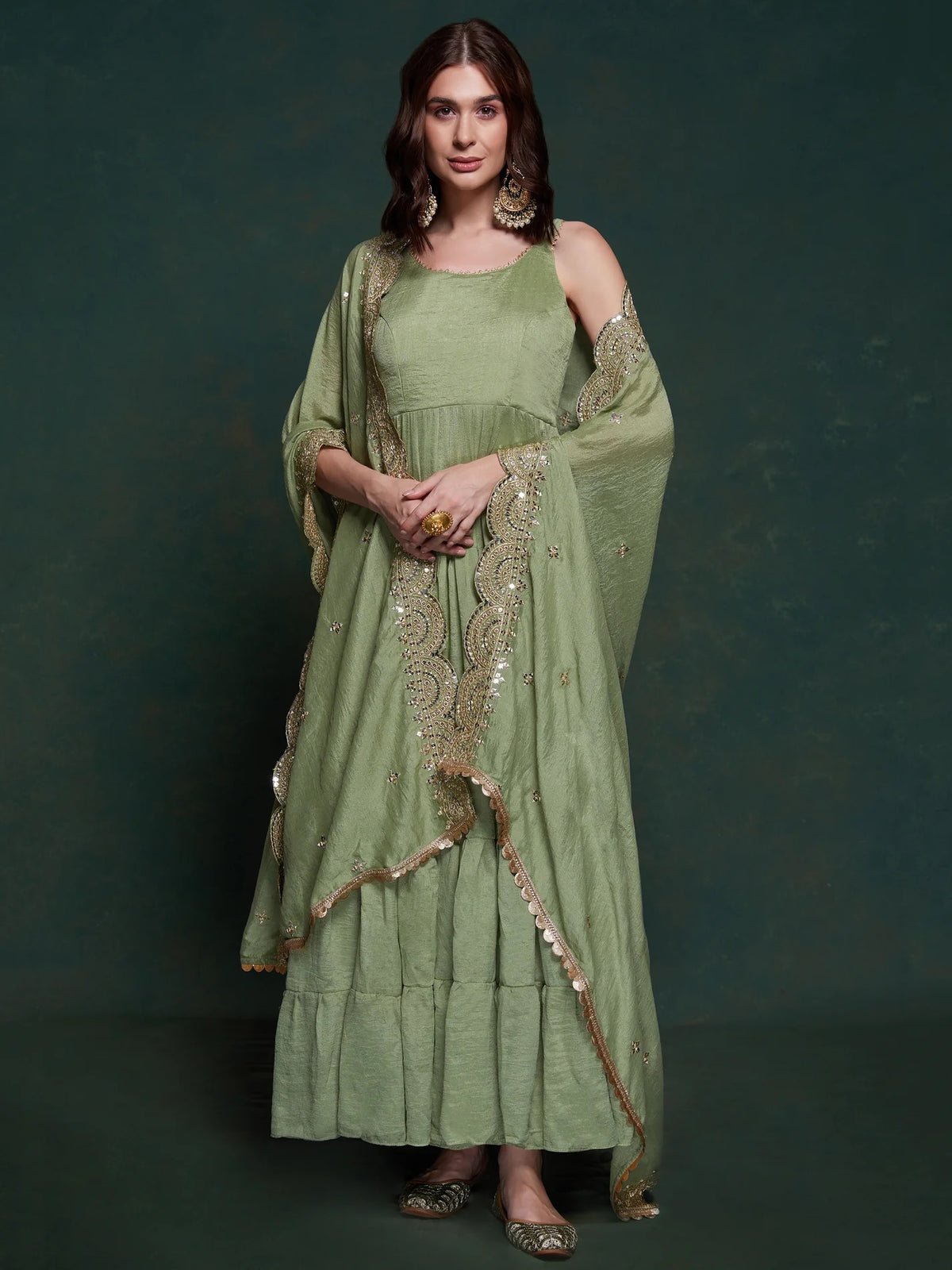 Awesome Sea Green Georgette Event Wear Gown with Heavy Dupatta