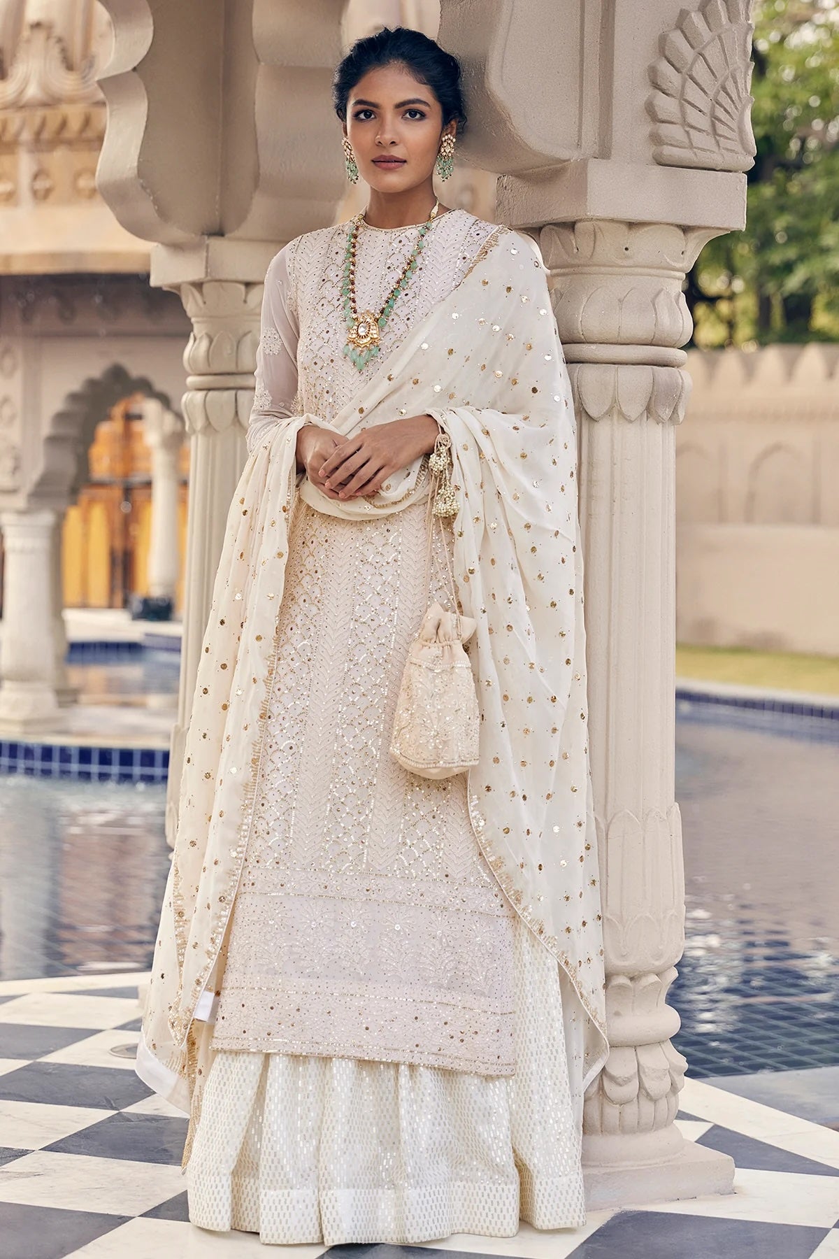 Ivory and Gold Chikankari Suit with Skirt | Elegant and Luxurious Ethnic Ensemble