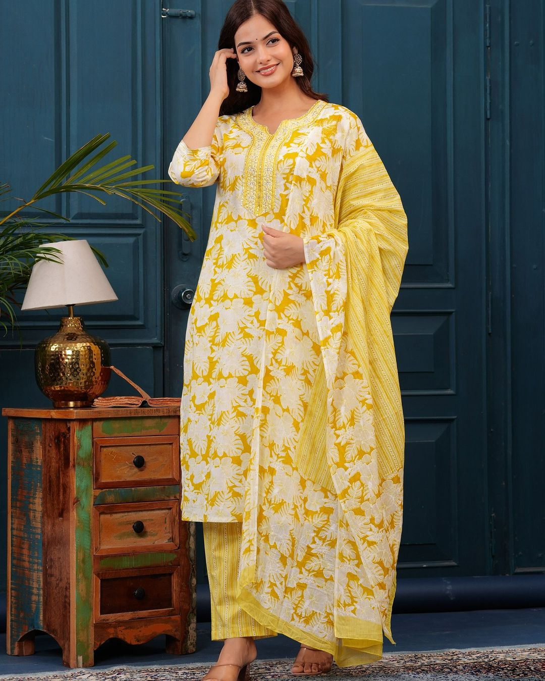 Corn Yellow Floral Printed Embroidered Cotton Kurta and Pant Set