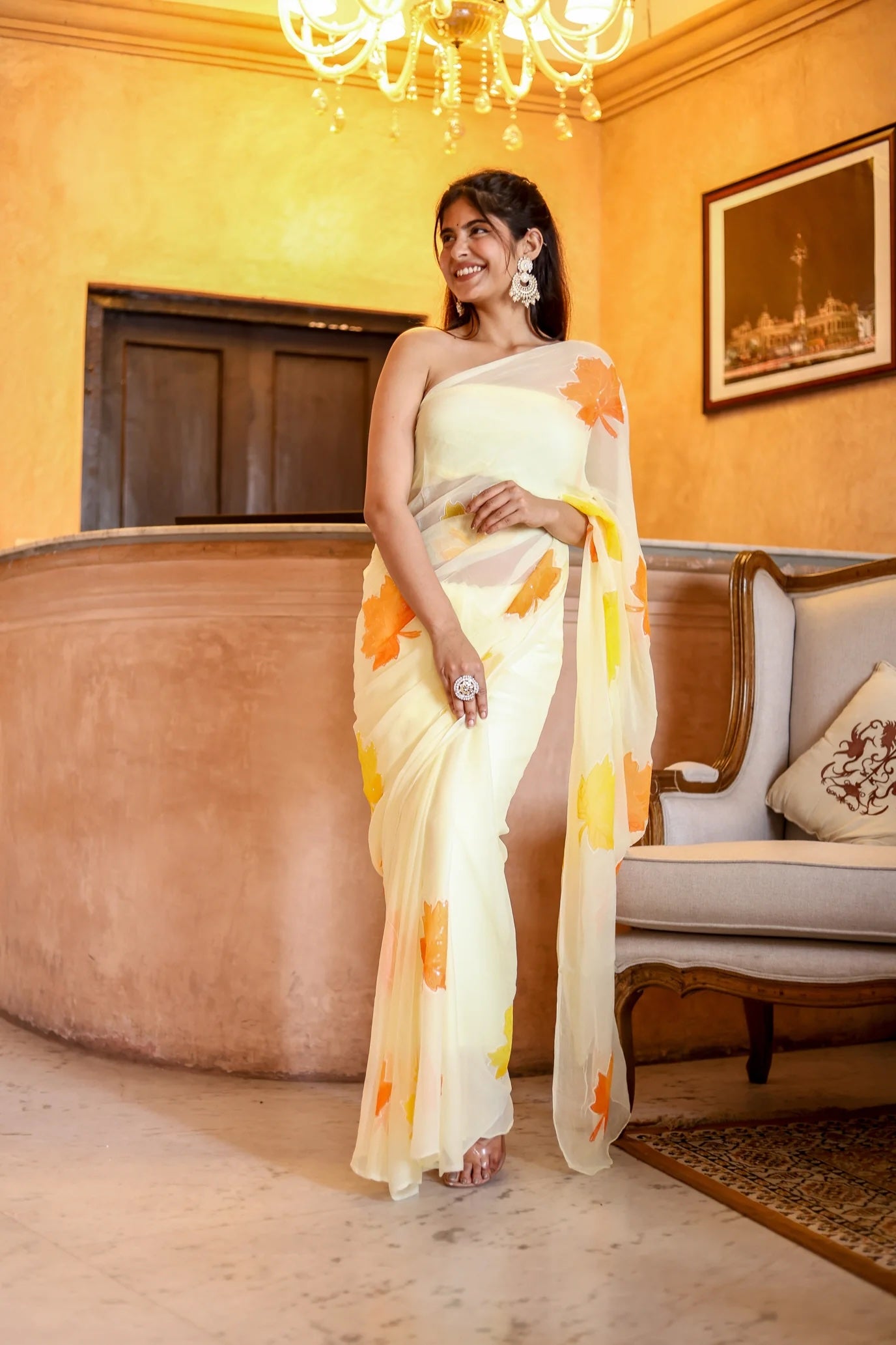 Radiate Elegance in the Sunlit Maple Embroidered & Handpainted Chiffon Saree Design
