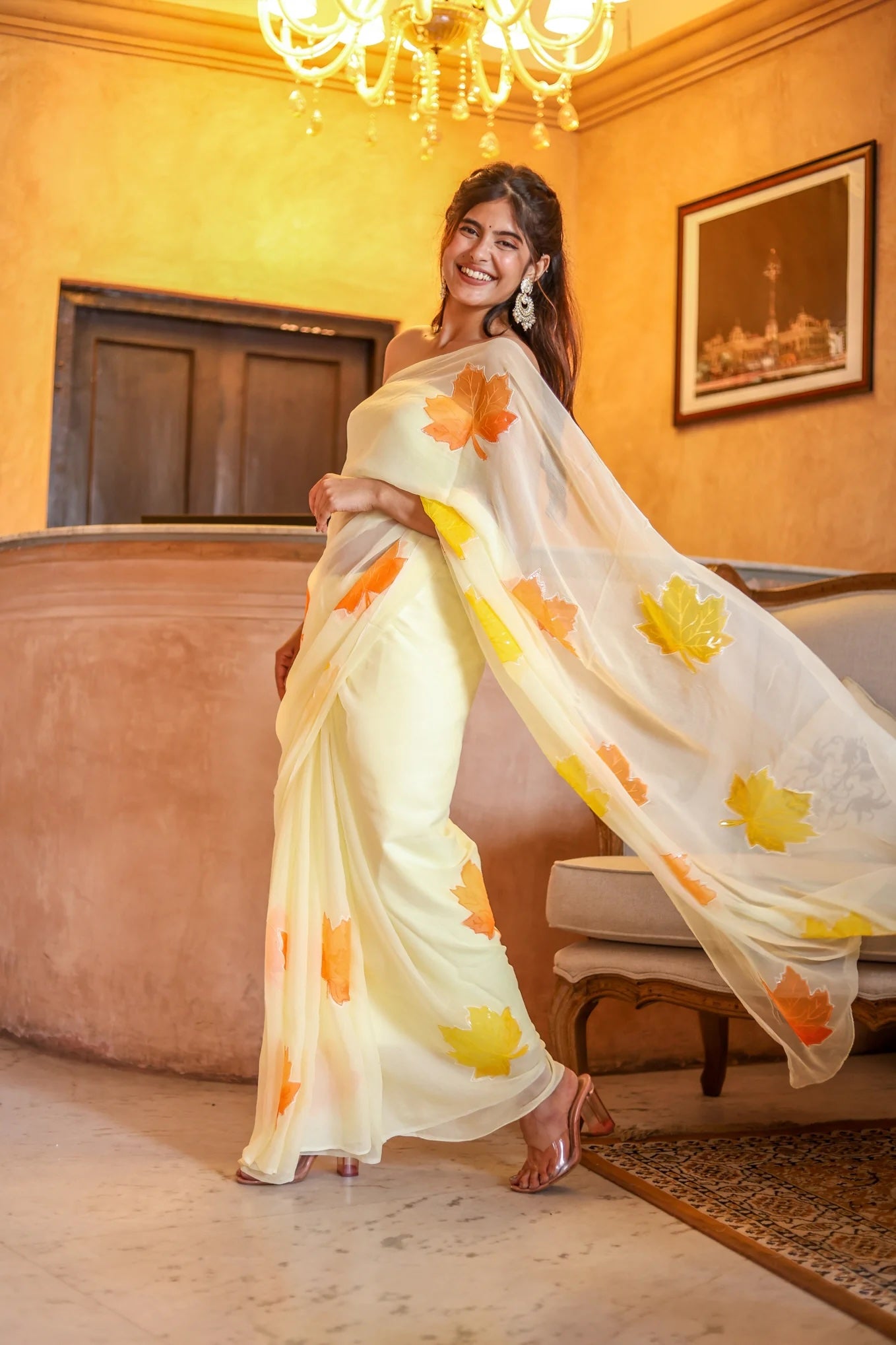 Radiate Elegance in the Sunlit Maple Embroidered & Handpainted Chiffon Saree Design