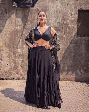 Mrunal Thakur - Black Organza Cape Urvi Skirt Set