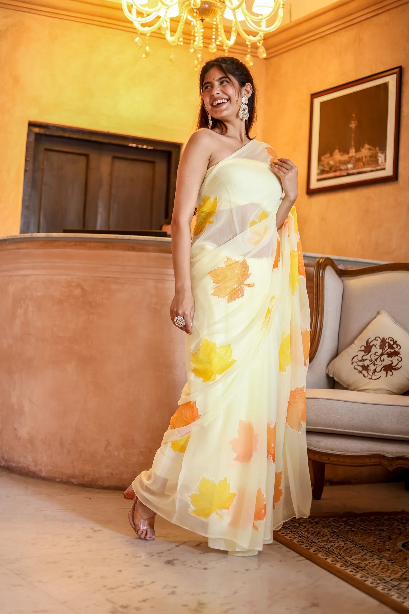 Radiate Elegance in the Sunlit Maple Embroidered & Handpainted Chiffon Saree Design