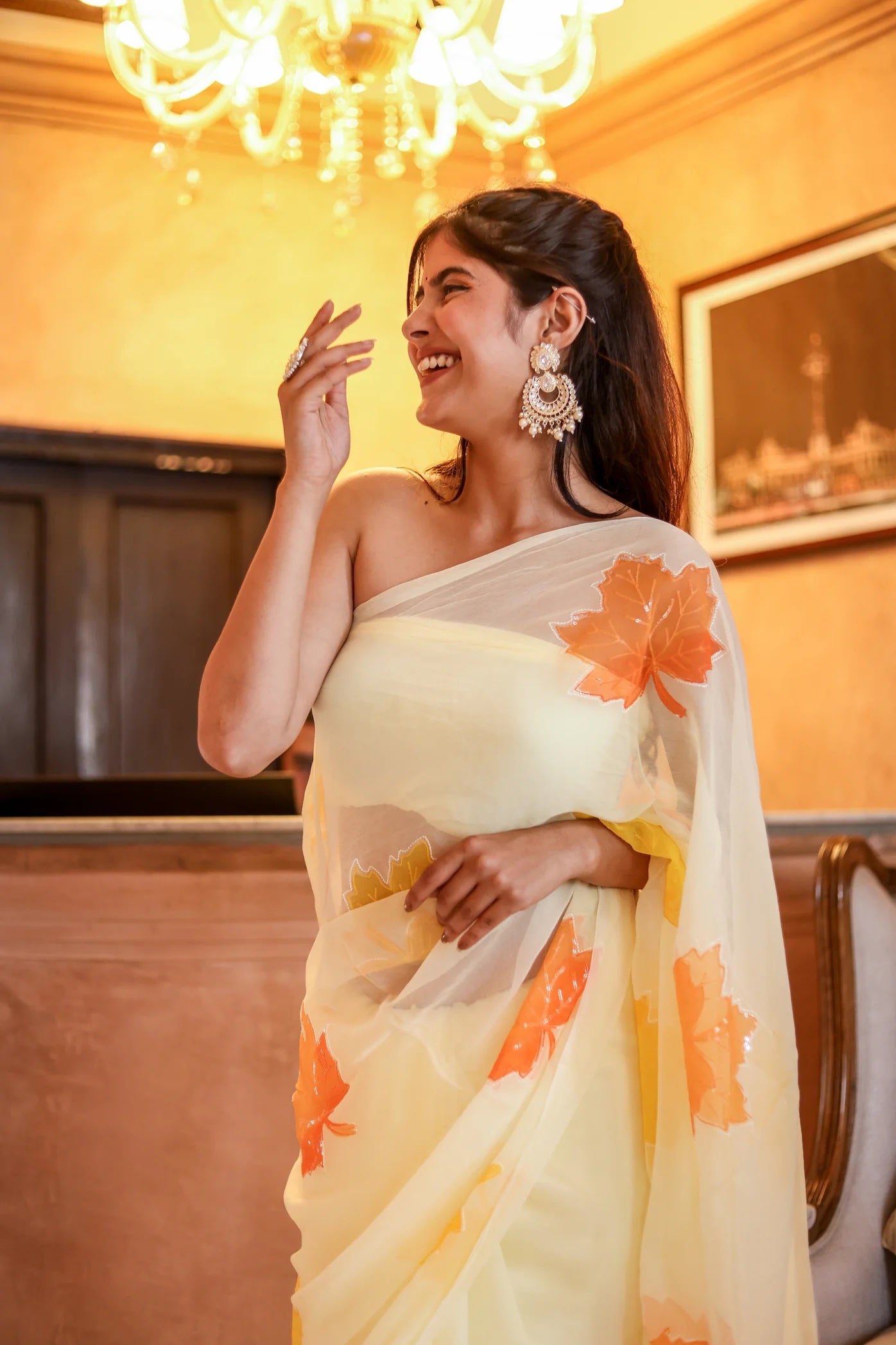 Radiate Elegance in the Sunlit Maple Embroidered & Handpainted Chiffon Saree Design