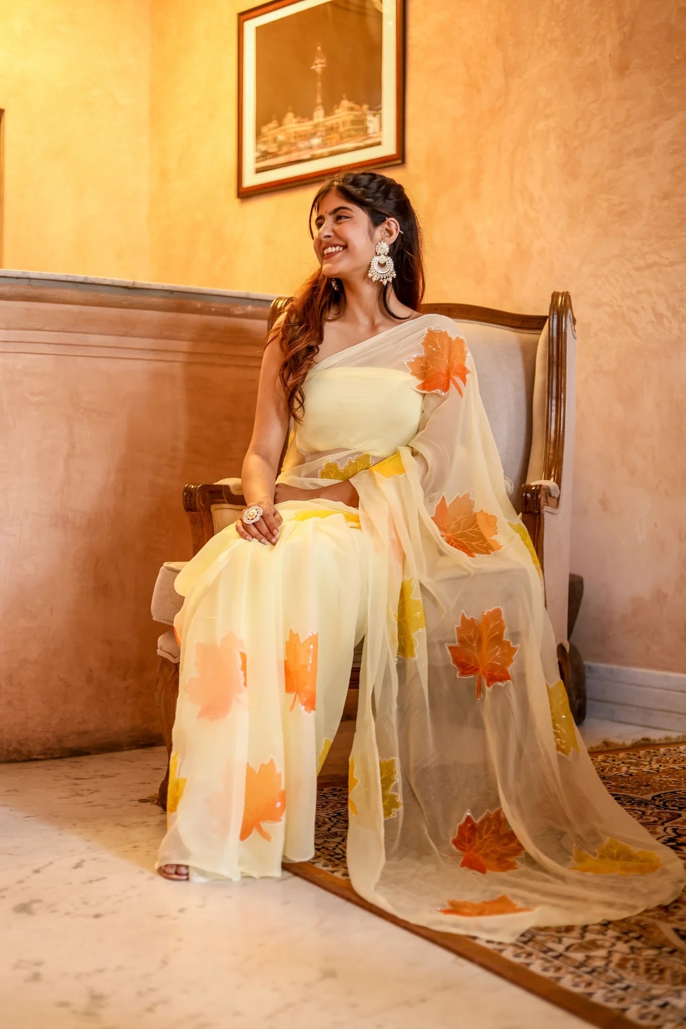 Radiate Elegance in the Sunlit Maple Embroidered & Handpainted Chiffon Saree Design