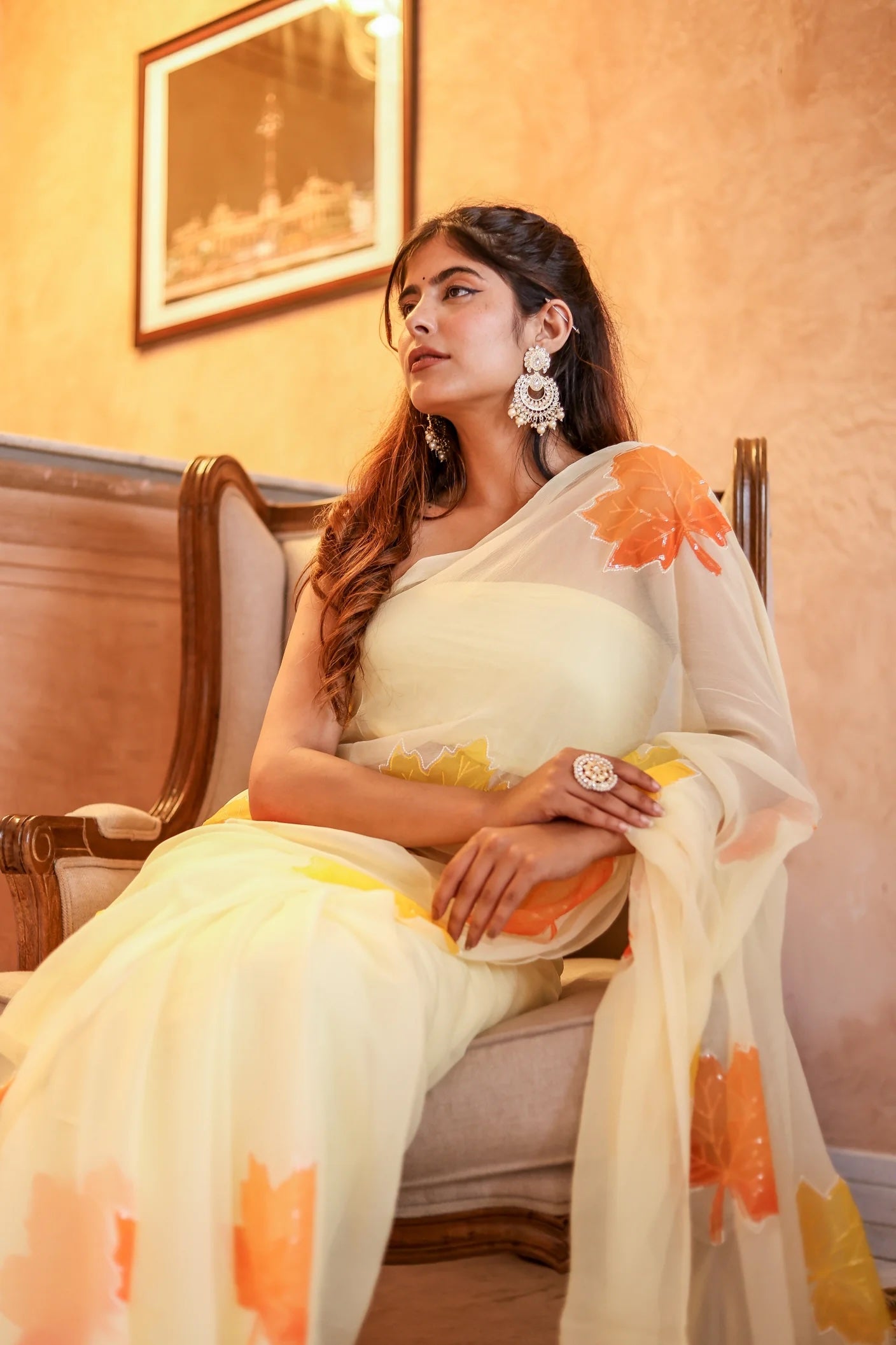 Radiate Elegance in the Sunlit Maple Embroidered & Handpainted Chiffon Saree Design