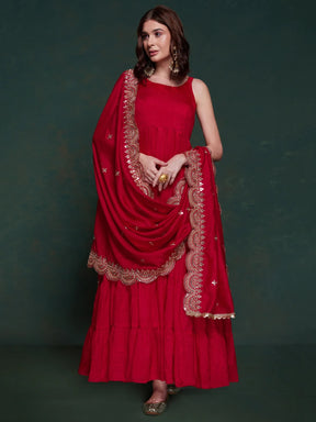 Fabulous Red Georgette Festival Wear Gown with Heavy Dupatta