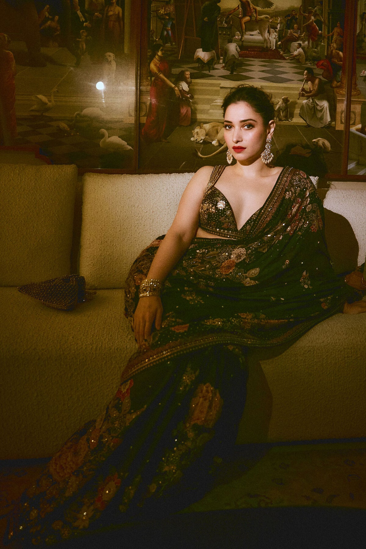 Tamannaah Bhatia in Black Whisper Of The Wildforest Saree Set