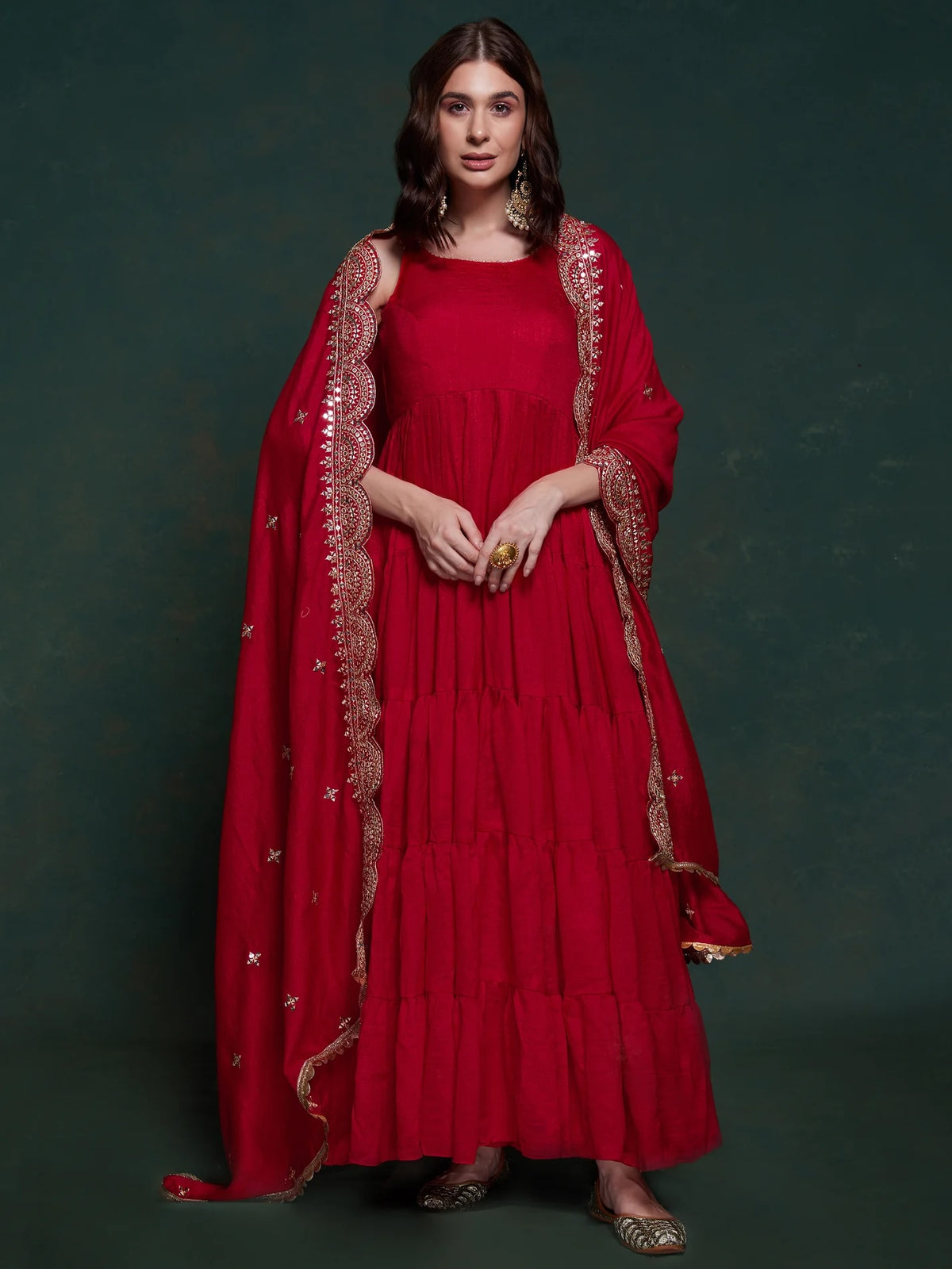 Fabulous Red Georgette Festival Wear Gown with Heavy Dupatta