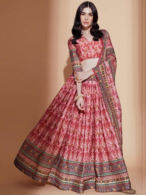 Peach Digital Print Chinon Lehenga Choli with Dupatta