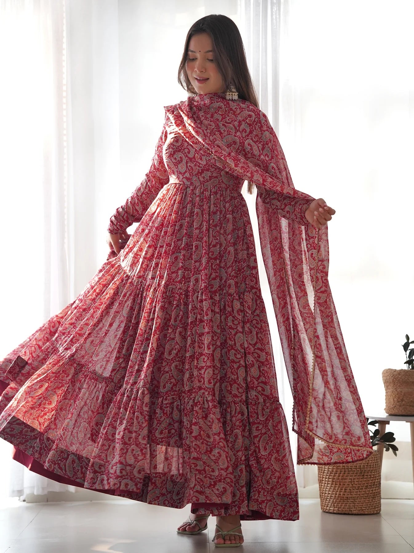 Fascinating Red Digital Printed Georgette Festival Wear Gown