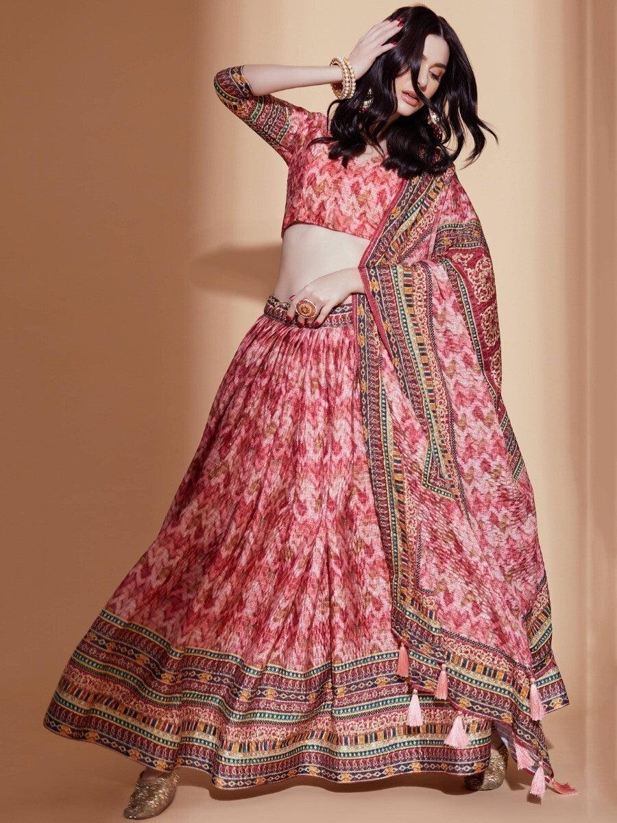 Peach Digital Print Chinon Lehenga Choli with Dupatta