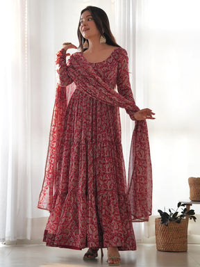 Fascinating Red Digital Printed Georgette Festival Wear Gown