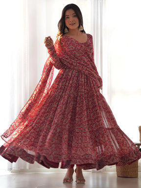 Fascinating Red Digital Printed Georgette Festival Wear Gown