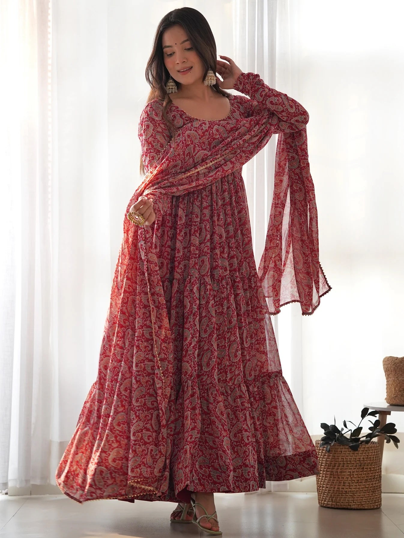 Fascinating Red Digital Printed Georgette Festival Wear Gown