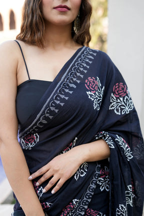 Hand-Blocked Cotton Saree with Floral and Geometric Patterns