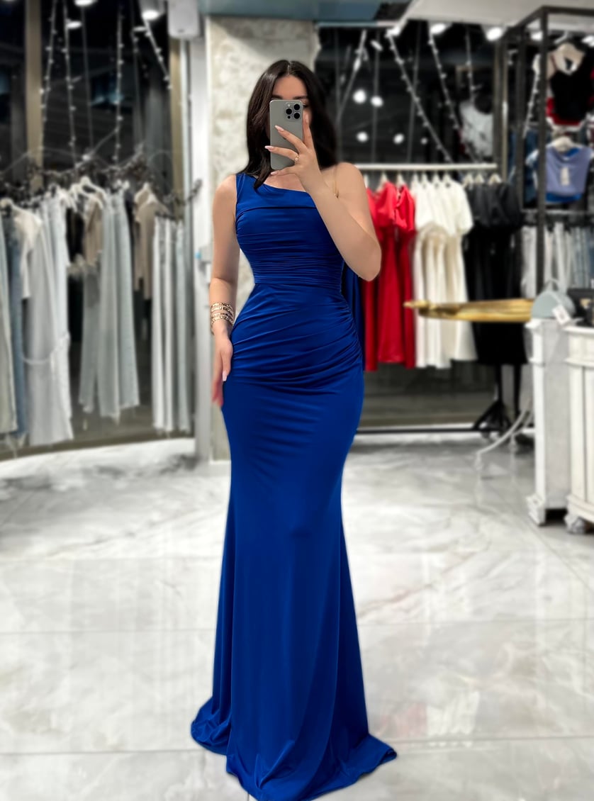 Daliria Draped Single Sleeve Evening Dress in Saxe Blue