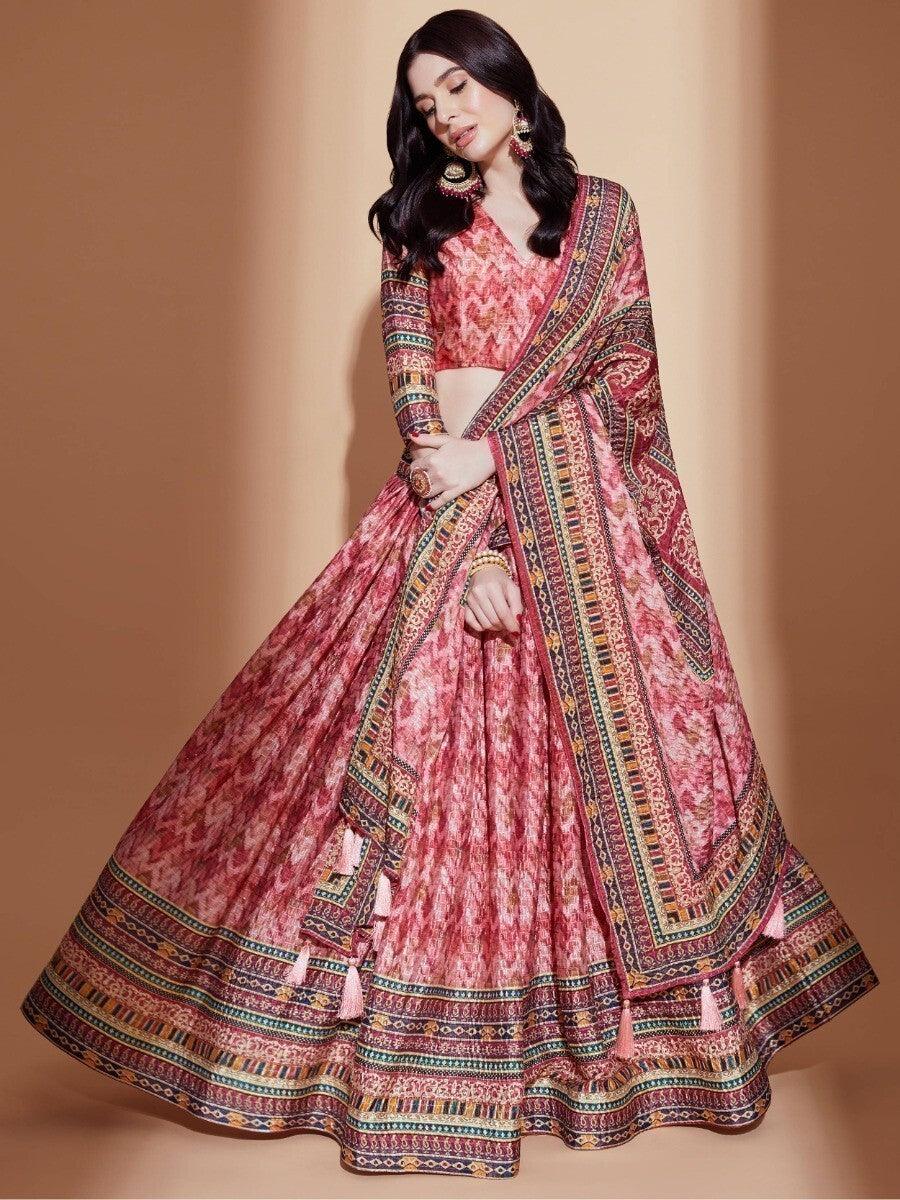 Peach Digital Print Chinon Lehenga Choli with Dupatta