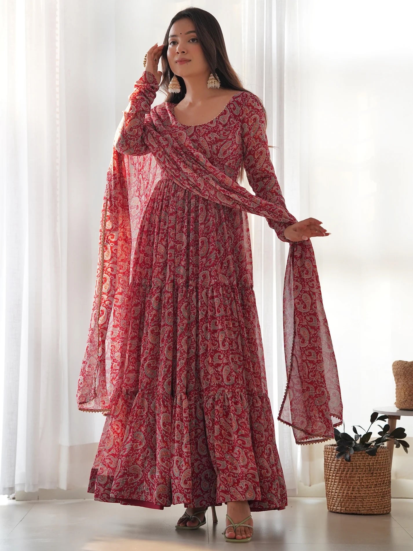 Fascinating Red Digital Printed Georgette Festival Wear Gown