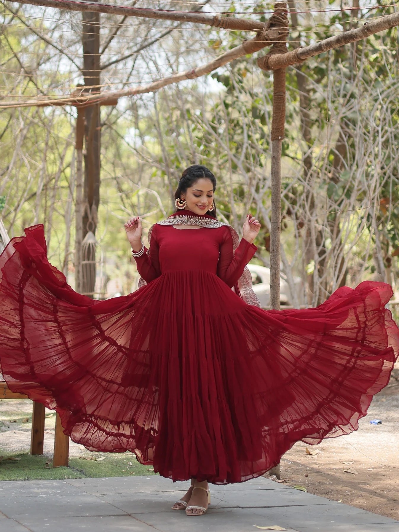 Alluring Maroon Georgette Wedding Wear Gown with Dupatta