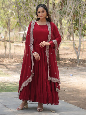 Alluring Maroon Georgette Wedding Wear Gown with Dupatta