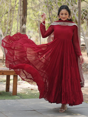 Alluring Maroon Georgette Wedding Wear Gown with Dupatta