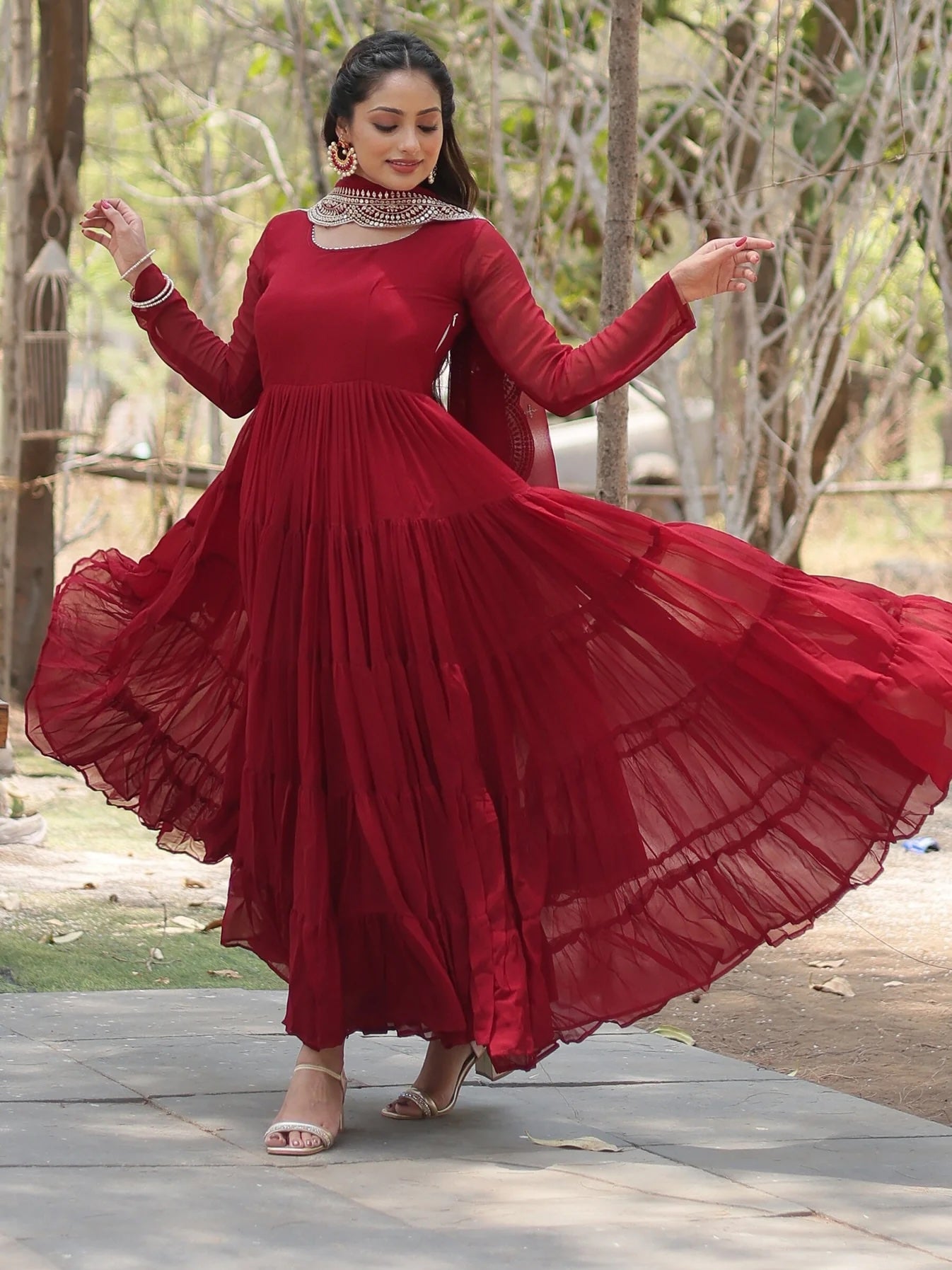 Alluring Maroon Georgette Wedding Wear Gown with Dupatta