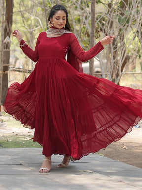 Alluring Maroon Georgette Wedding Wear Gown with Dupatta