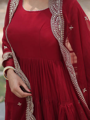 Alluring Maroon Georgette Wedding Wear Gown with Dupatta