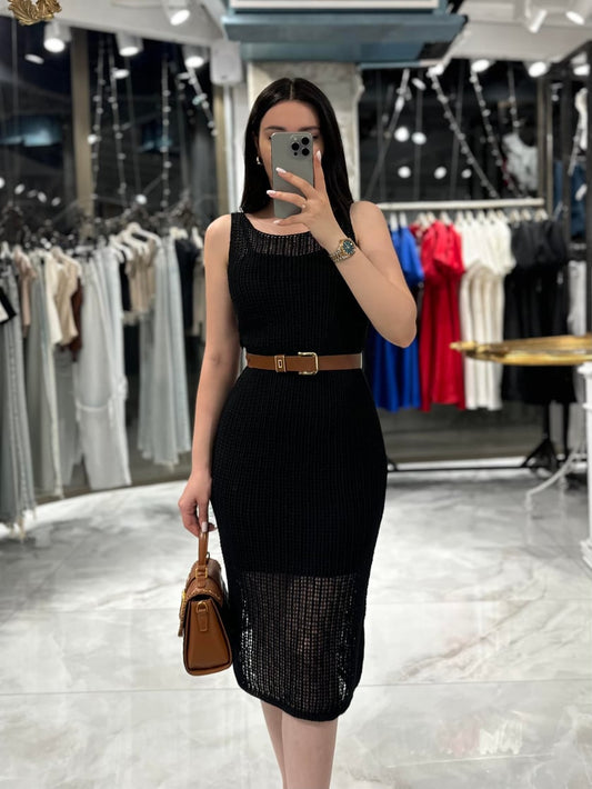Ambra Strapped Openwork Knit Midi Dress in Black
