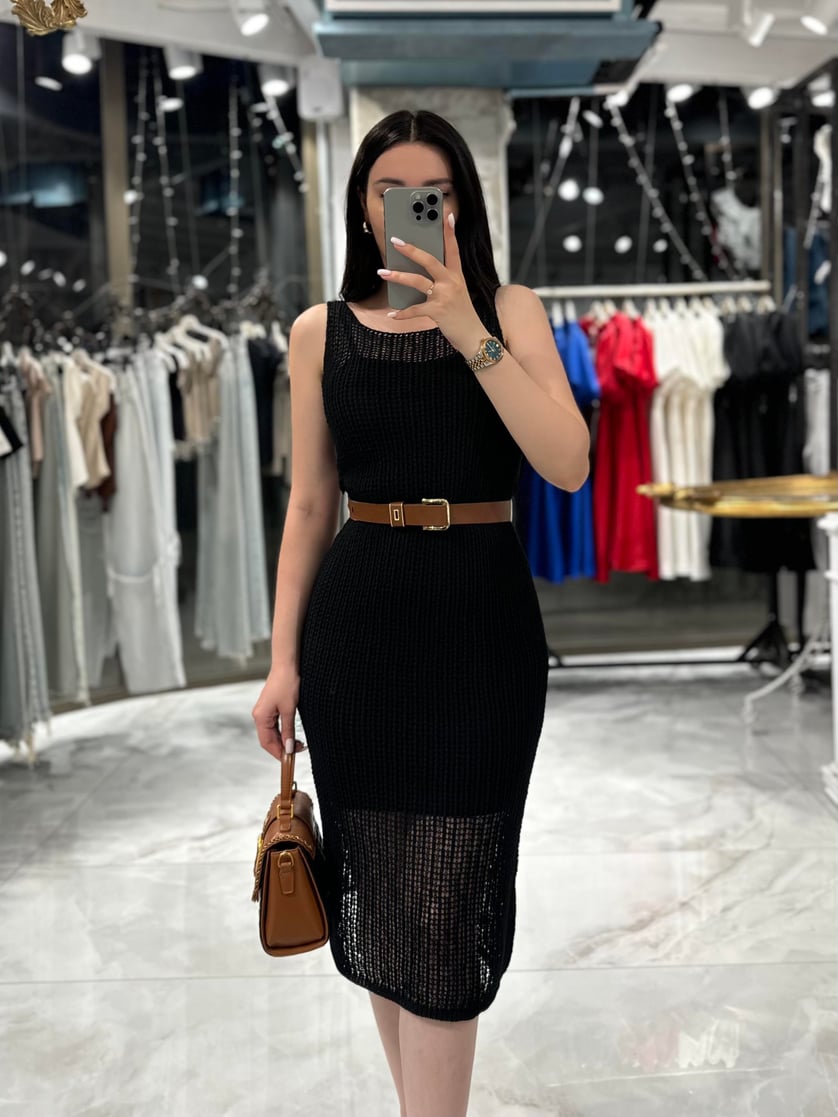 Ambra Strapped Openwork Knit Midi Dress in Black