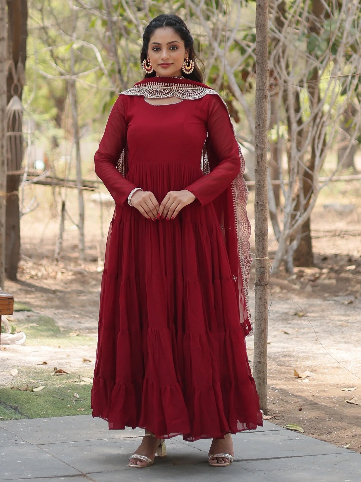 Alluring Maroon Georgette Wedding Wear Gown with Dupatta