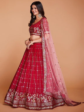 Red Sequins Georgette Wedding Wear Lehenga Choli With Dupatta