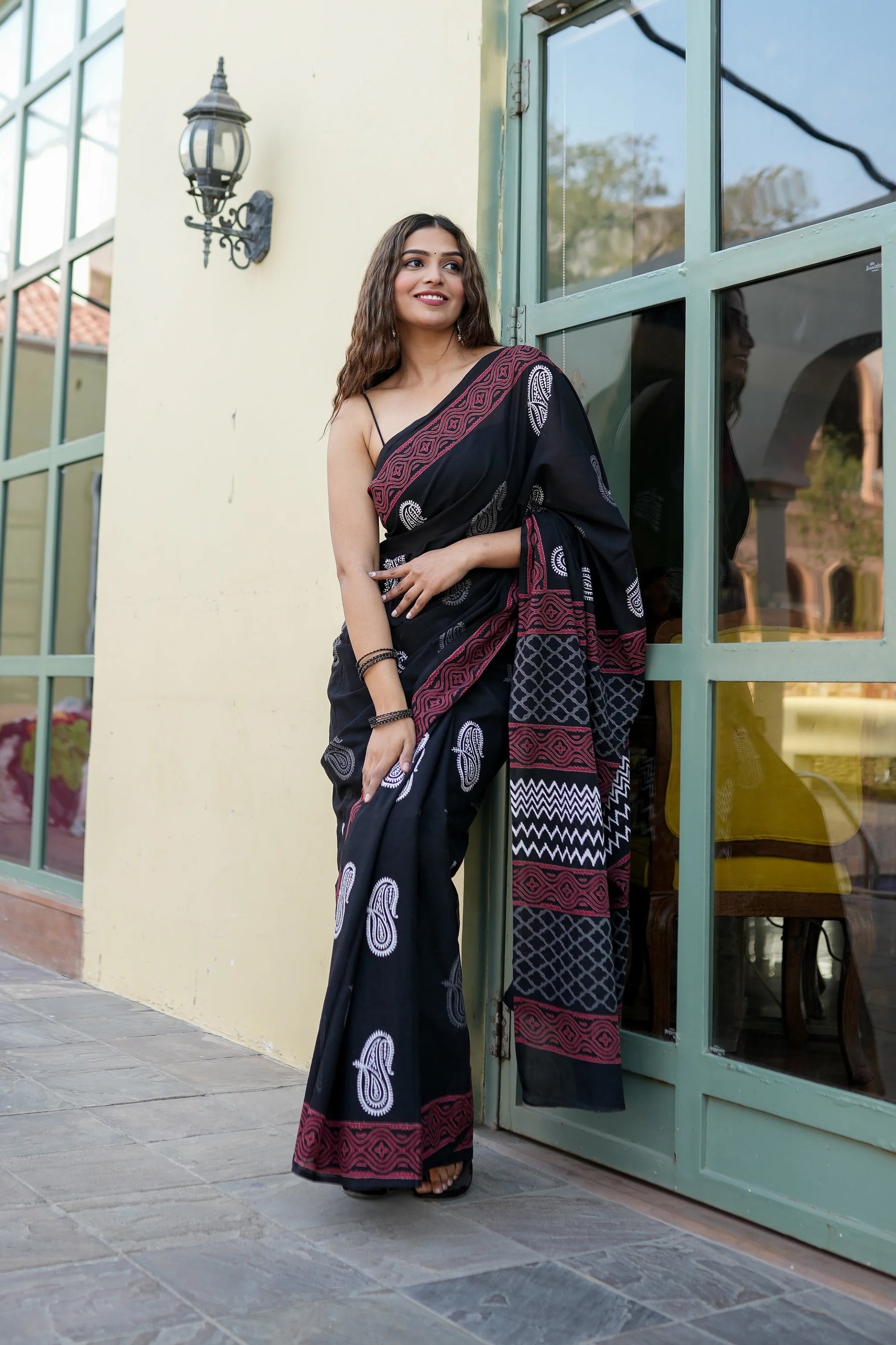 Hand-Blocked Cotton Saree with Floral and Geometric Patterns