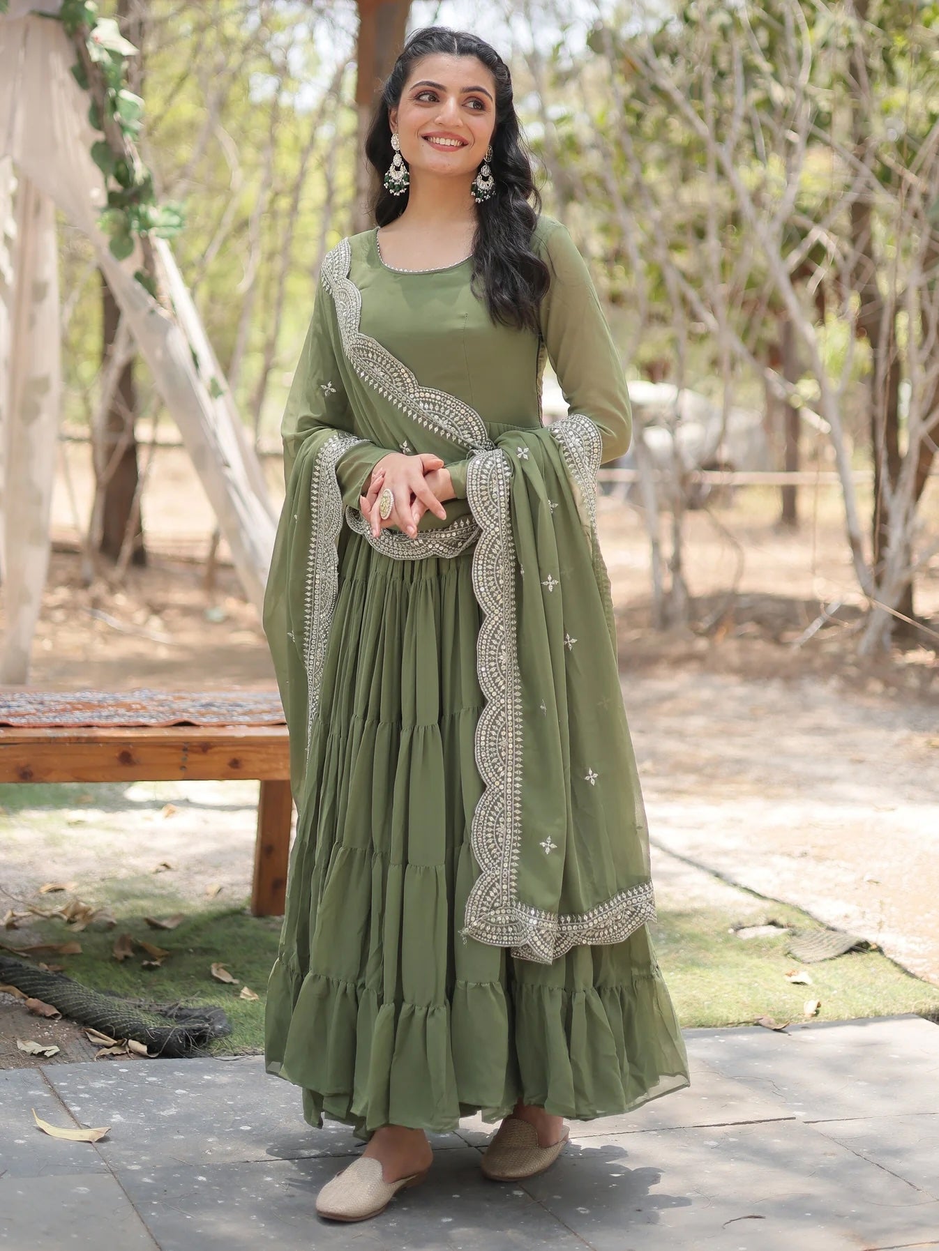 Fascinating Olive Green Georgette Mehendi Wear Gown with Dupatta