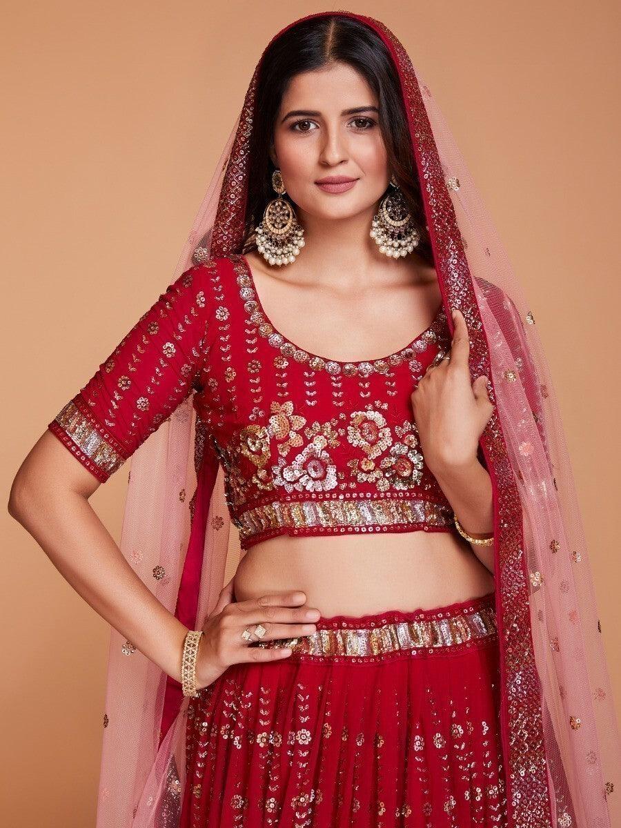 Red Sequins Georgette Wedding Wear Lehenga Choli With Dupatta