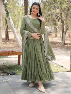 Fascinating Olive Green Georgette Mehendi Wear Gown with Dupatta