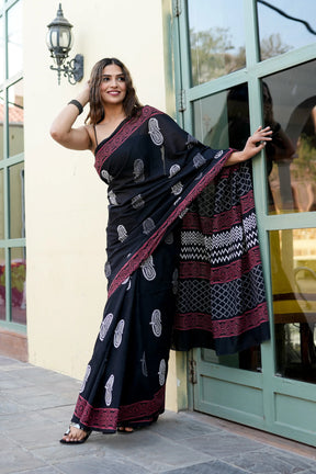 Hand-Blocked Cotton Saree with Floral and Geometric Patterns