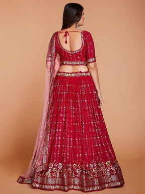 Red Sequins Georgette Wedding Wear Lehenga Choli With Dupatta