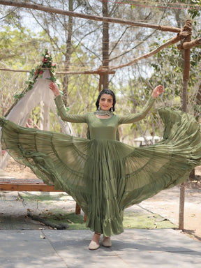 Fascinating Olive Green Georgette Mehendi Wear Gown with Dupatta