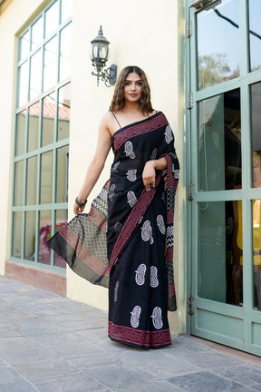 Hand-Blocked Cotton Saree with Floral and Geometric Patterns