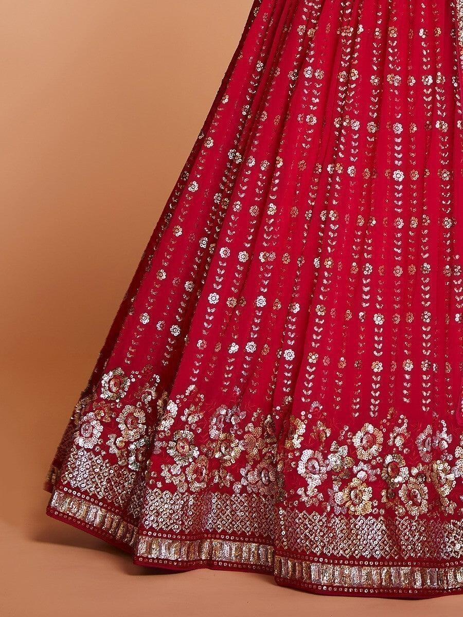 Red Sequins Georgette Wedding Wear Lehenga Choli With Dupatta