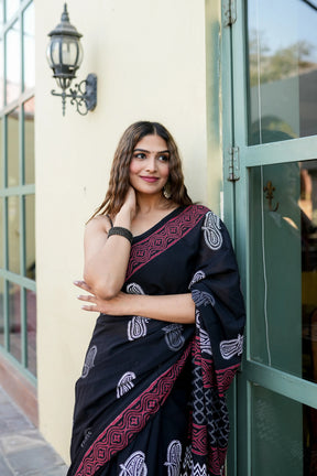 Hand-Blocked Cotton Saree with Floral and Geometric Patterns