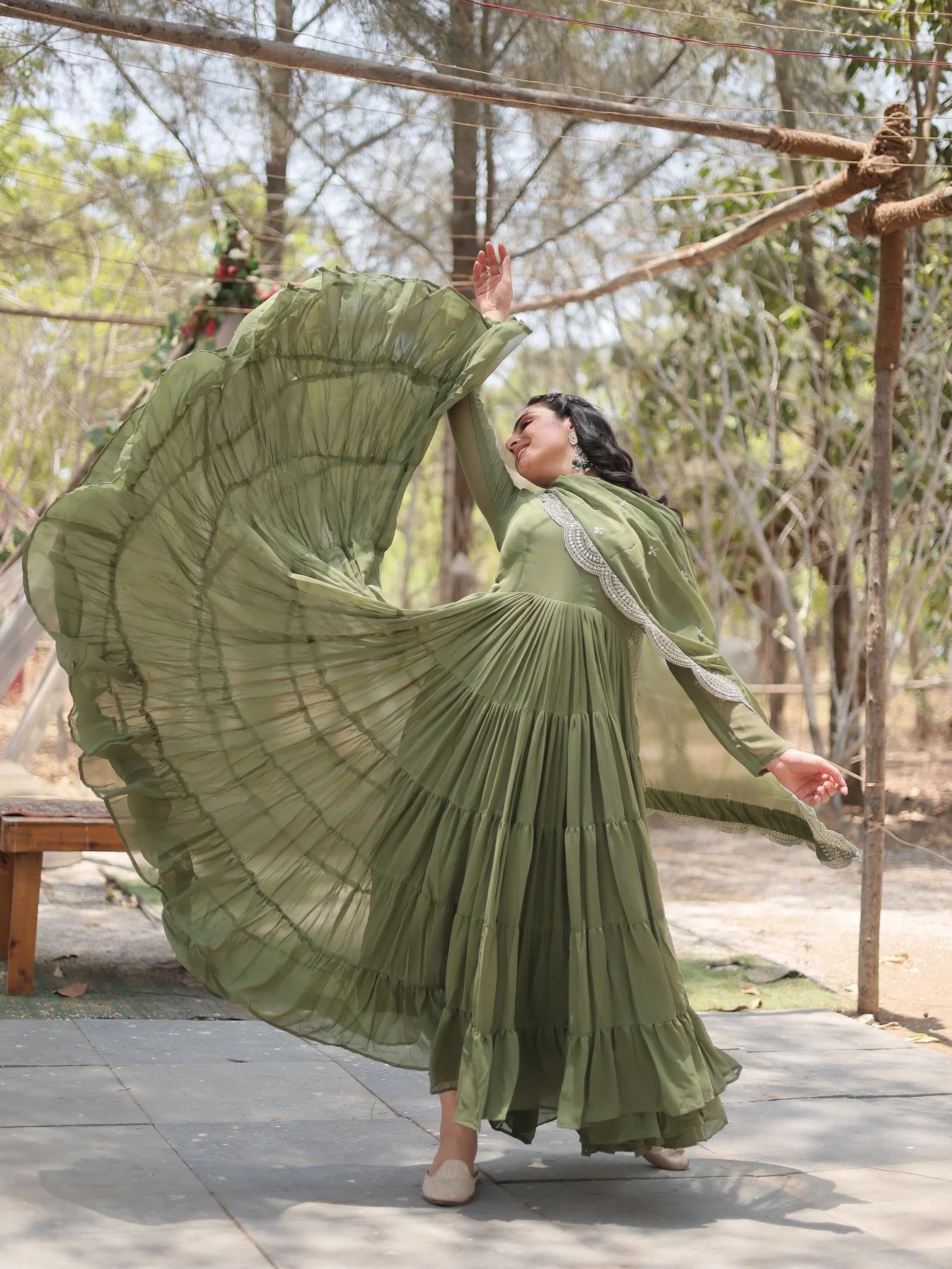 Fascinating Olive Green Georgette Mehendi Wear Gown with Dupatta