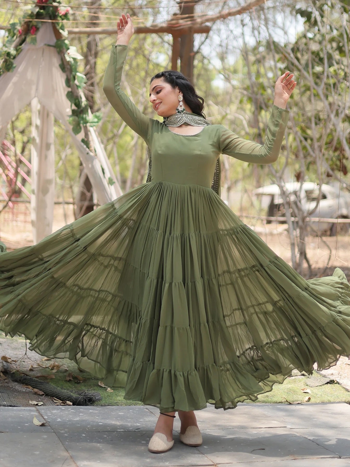 Fascinating Olive Green Georgette Mehendi Wear Gown with Dupatta